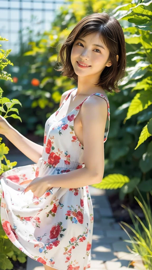 masterpiece, highest quality, disorganized, perfect anatomy, 1 girl, alone, pascal tales, short hair, beautiful, Hilarious, sunny day, botanical garden, Summer winds, sundress, Floral, wavy hair, smile