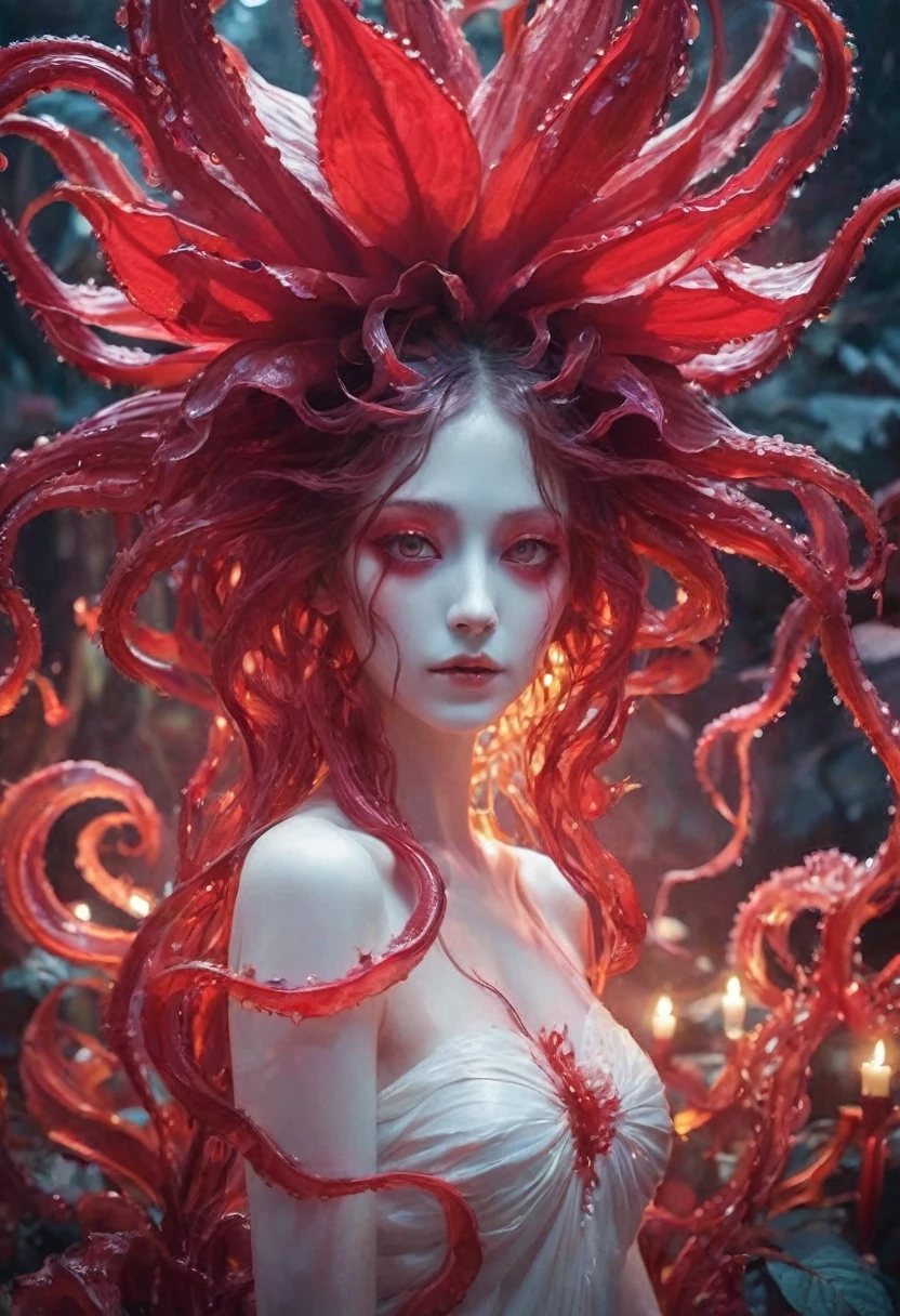 Magic plantloody ghost flower from the abyss, Ghost Flower,Blood-red tentacles stare at the dead,Enchantment,uncanny,terror