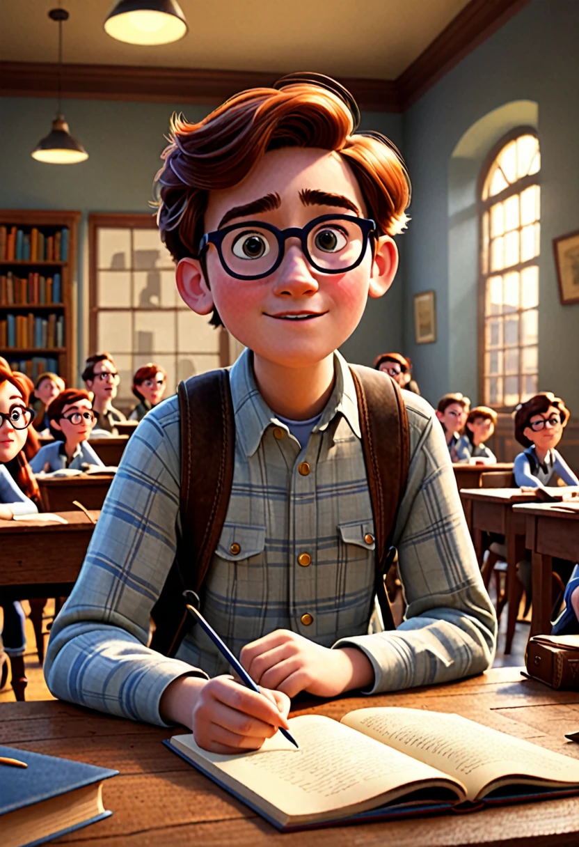 create a pixar-style scene of a young history student

