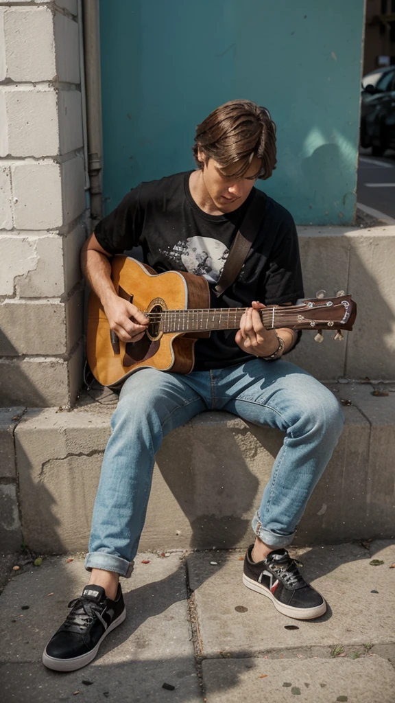 A guy playing guitar sits on the street with his back against the wall, there are paintings "in awe" on the ground