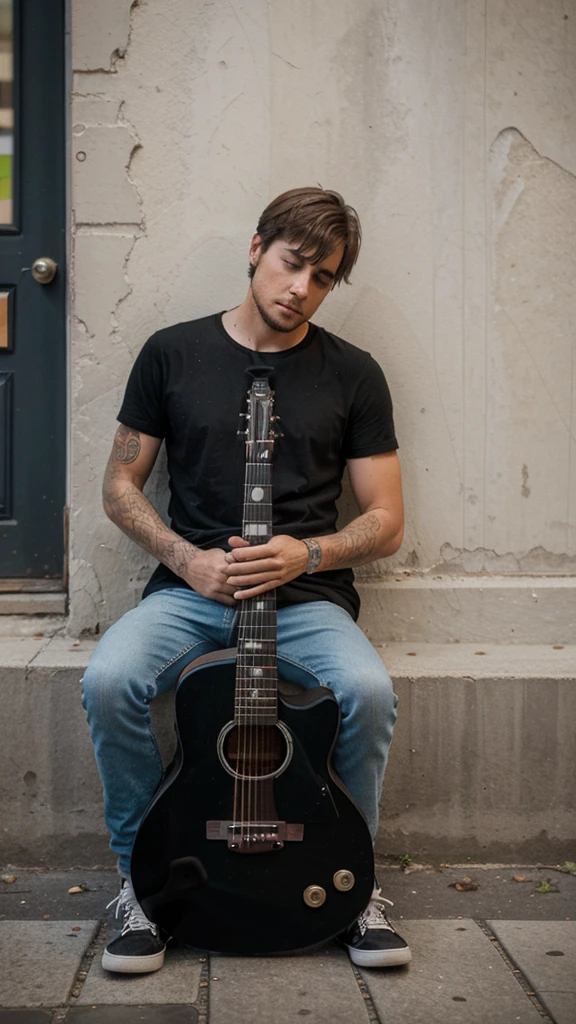 A guy playing guitar sits on the street with his back against the wall, there are paintings "in awe" on the ground