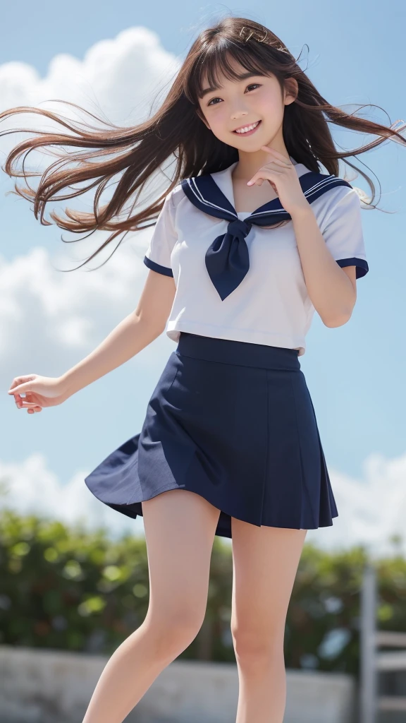 1girl,(((Okinawa ocean)))、(((White sand beaches in Okinawa)))、(((Just join your hands and pray)))、(((Mysterious look)))、8k UHD、Digital single-lens reflex camera、High resolution、Shallow depth of field、Natural light、(((Sailor suit)))、(((navy blue super mini skirt)))、(((A sparkling, charming smile)))、(((Full body photography)) )、Small person、(((Young face)))、1 Japanese female、;beautiful girl、(Black Hair)、A strong wind blows up my skirt、(((Brown eyes)))、Glowing Skin、Smooth Thinning Hair、Long Hair、Detailed background、Detailed eyes and face、Clear Eyes、Cute smile、Calm atmosphere、(((stage)))、(((Small breasts)))、(((Beautiful Eyes)))、Flat chest、Children、(((Toned thighs))) 、(((Angle from below) ))、(((Fine lips)))、(((Skirt fluttering)))、Shining beautiful legs、( Skirt fluttering violently in the strong wind :1.4),   (hair blowing in the strong wind:1.4), (leaning forward)、barefoot、barefoot、((((A skirt flipped up by a strong wind))))