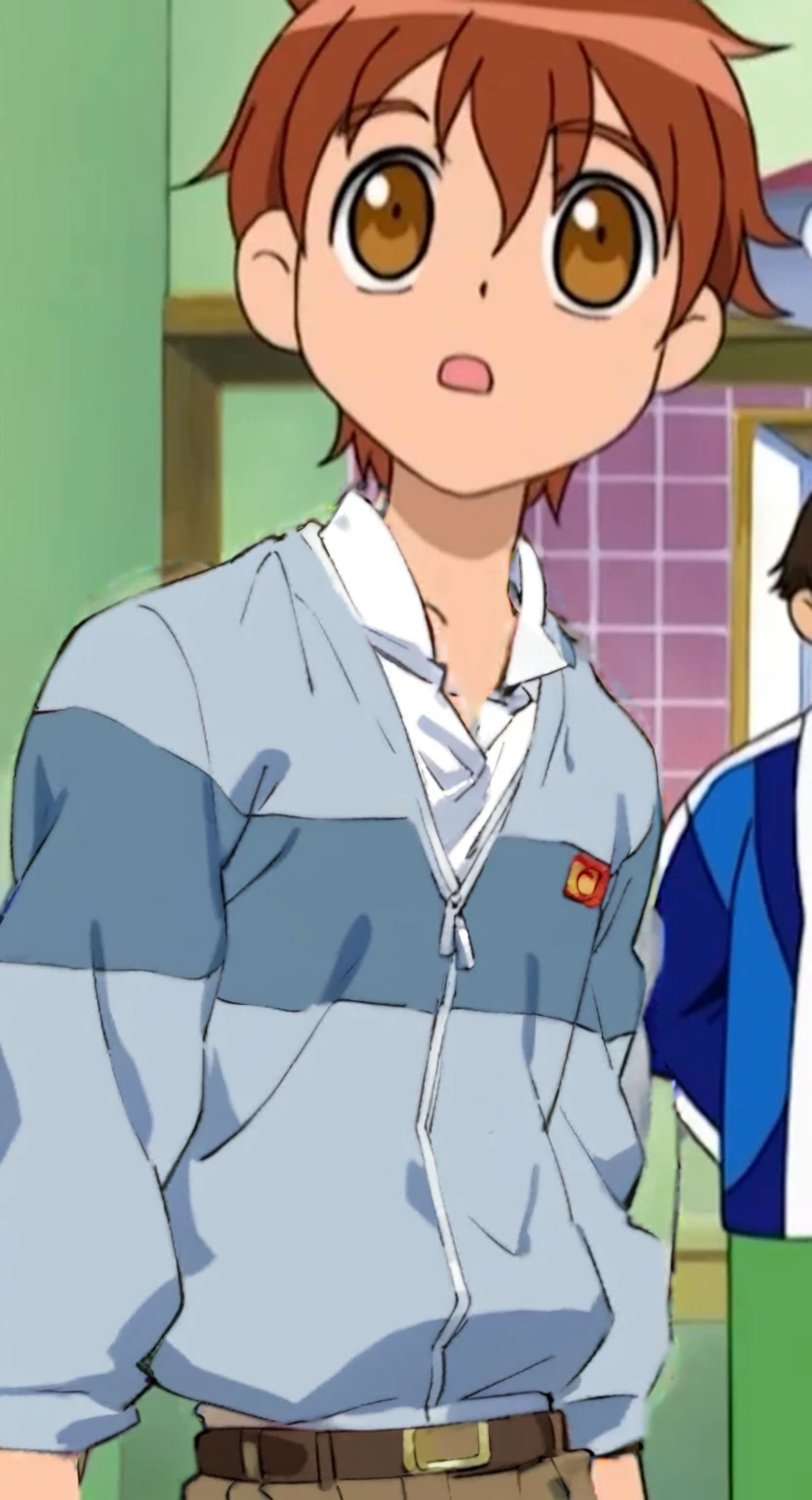 anime characters in a kitchen with a woman and a man, nichijou, tsubasa nakai's style, wearing a , ponyo hayao mitazaki, wearing Red hoody and brown pants, jk uniform, as an anime character, in an anime, wearing , anime screenshot, kentaro miura style