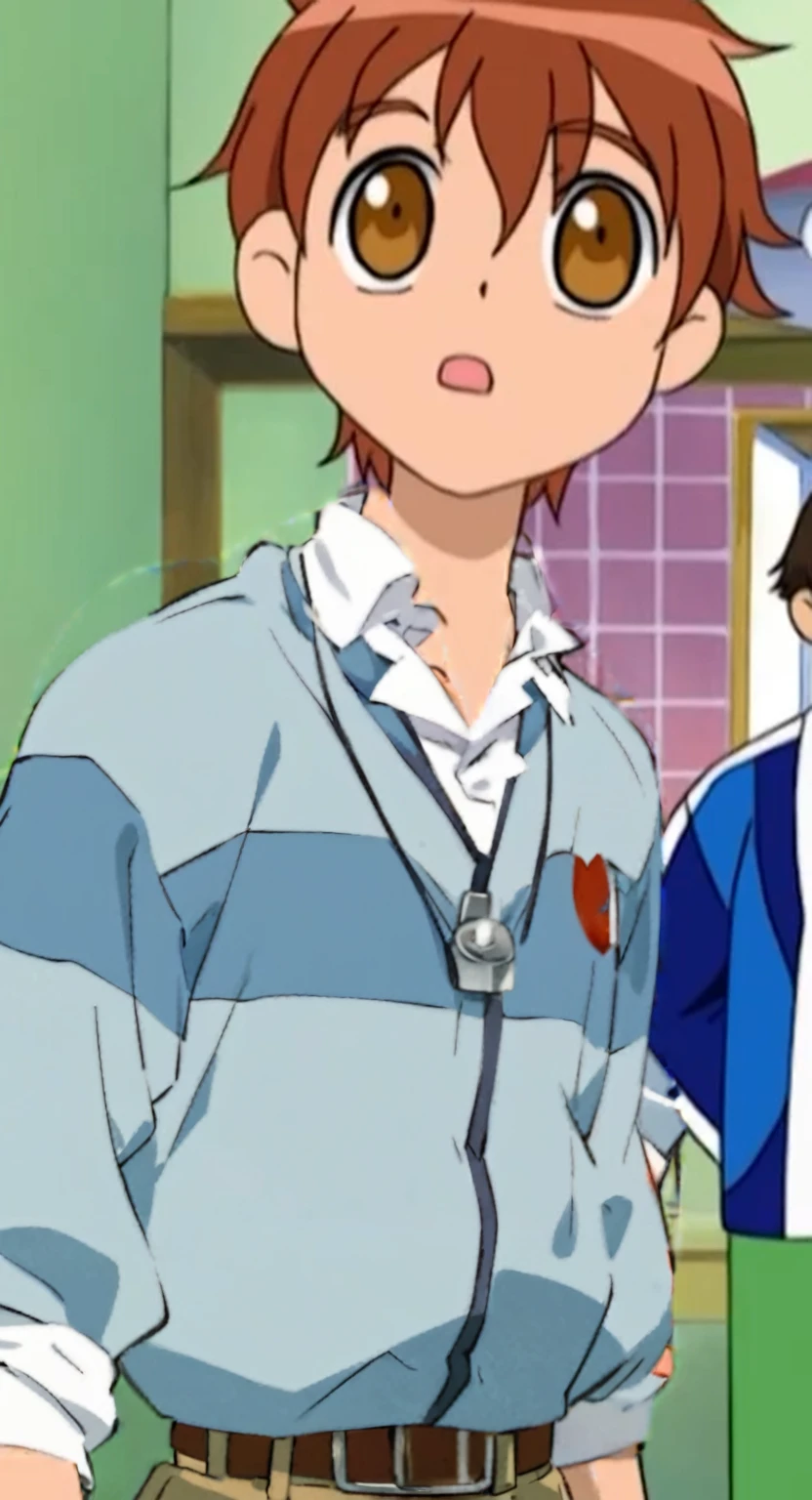 anime characters in a kitchen with a woman and a man, nichijou, tsubasa nakai's style, wearing a , ponyo hayao mitazaki, wearing Red hoody and brown pants, jk uniform, as an anime character, in an anime, wearing , anime screenshot, kentaro miura style