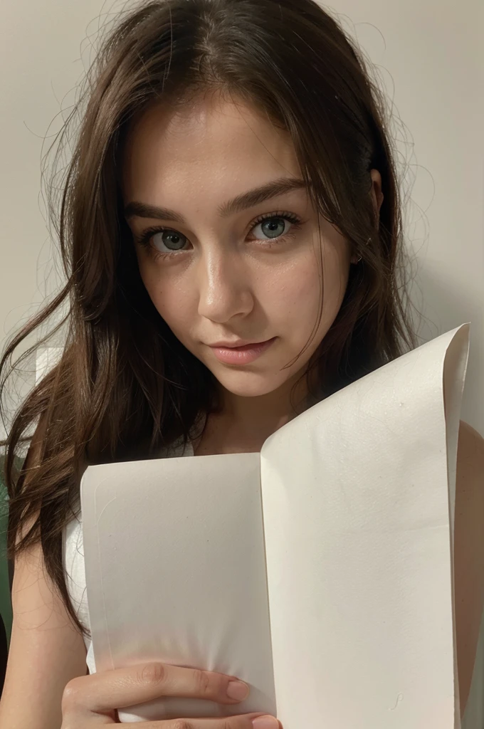 A hyper-realistic and ultra-detailed photograph of a 25-year-old woman front camera. She has long, flowing brunette hair cascading over her shoulders, and her captivating green eyes are bright and expressive.She is holding a blank white sheet of paper with her both hand. Her skin texture is incredibly realistic, showing natural variations and subtle details. The background is simple and unimportant, focusing solely on the woman taking the selfie with a white blank paper