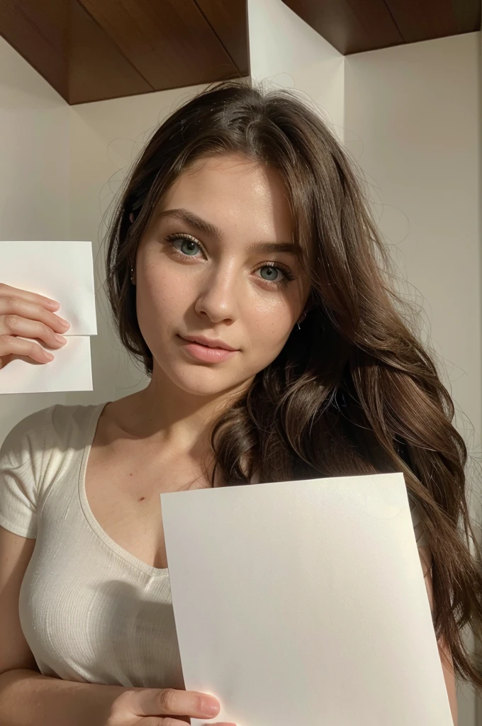 A hyper-realistic and ultra-detailed photograph of a 25-year-old woman front camera. She has long, flowing brunette hair cascading over her shoulders, and her captivating green eyes are bright and expressive.She is holding a blank white sheet of paper with her both hand. Her skin texture is incredibly realistic, showing natural variations and subtle details. The background is simple and unimportant, focusing solely on the woman taking the selfie with a white blank paper