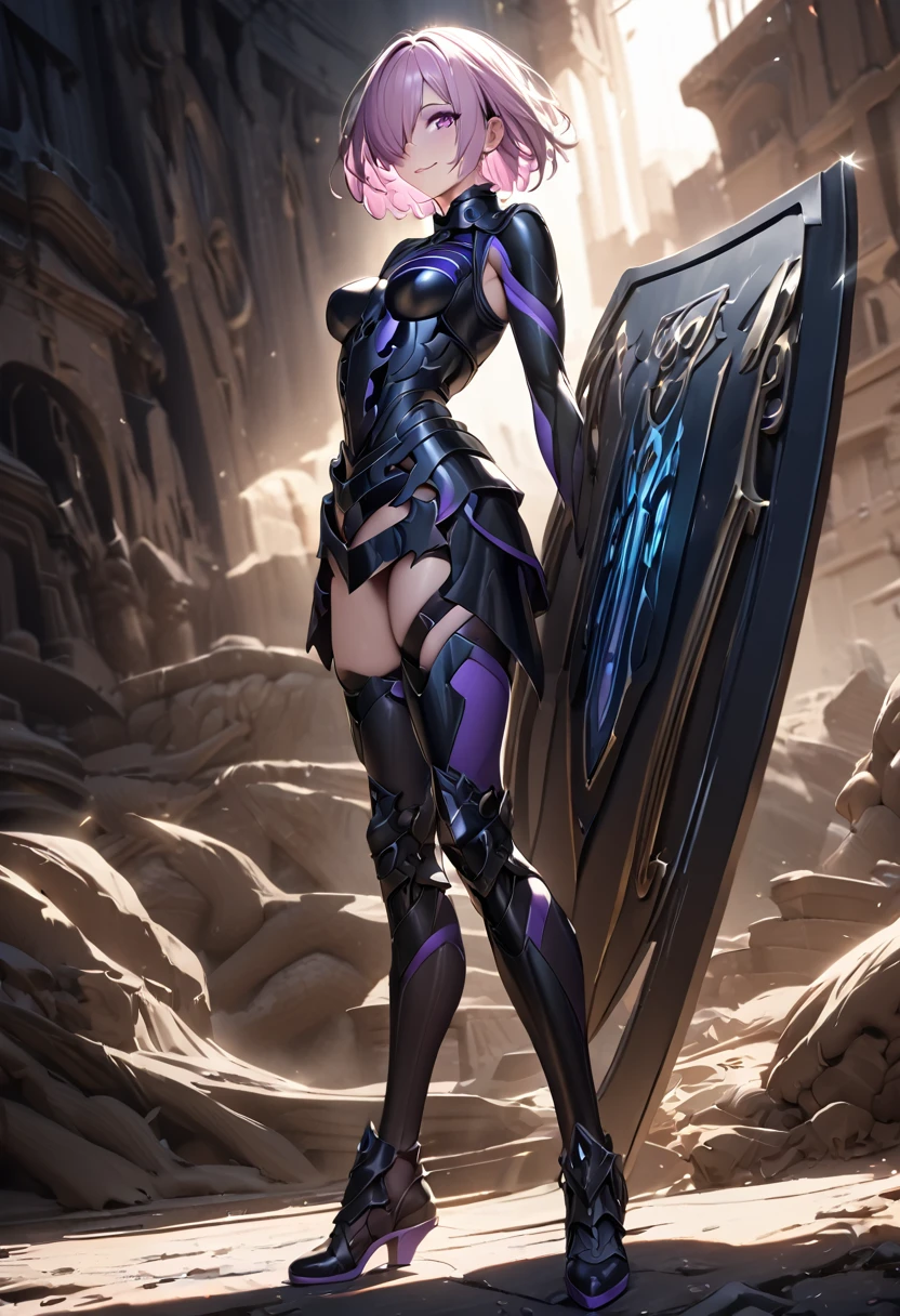 full body, masterpiece, best quality, 1girl, (detailistic), dark armor, dark cross shield, mash kyrielight, light purple hair, short hair, hair over one eye, smile, slim body, detailed eyes, ultra-detailed, hyper-realistic, 8k, cinematic lighting, dramatic lighting, dramatic atmosphere, intricate details, exquisite details, flawless skin, beautiful face, elegant pose, powerful presence, captivating expression, vibrant colors, stunning contrast