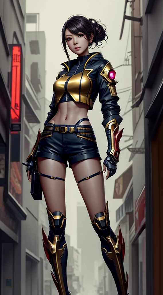 Boutique,best quality,Gold jewelry,(slip out feet),Fairy skin,(Fidelity :1.2),Standing,Super Detailed,realistic,High quality,Movie Light,Ray tracking,Ultra HD,Upper body
Girl in shorts and jacket standing next to giant robot, Guweiz style artwork, CyberPunk mech, Trends on CGSTATION, Guweiz, Russell Dongjun Lu, digital cyberpunk anime art, Ross Tran 8 K, Guweiz on ArtStation Pixiv, Girl in mecha network armor