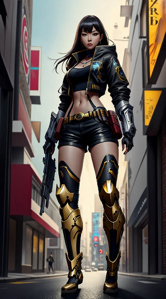 Boutique,best quality,Gold jewelry,(slip out feet),Fairy skin,(Fidelity :1.2),Standing,Super Detailed,realistic,High quality,Movie Light,Ray tracking,Ultra HD,Upper body
Girl in shorts and jacket standing next to giant robot, Guweiz style artwork, CyberPunk mech, Trends on CGSTATION, Guweiz, Russell Dongjun Lu, digital cyberpunk anime art, Ross Tran 8 K, Guweiz on ArtStation Pixiv, Girl in mecha network armor