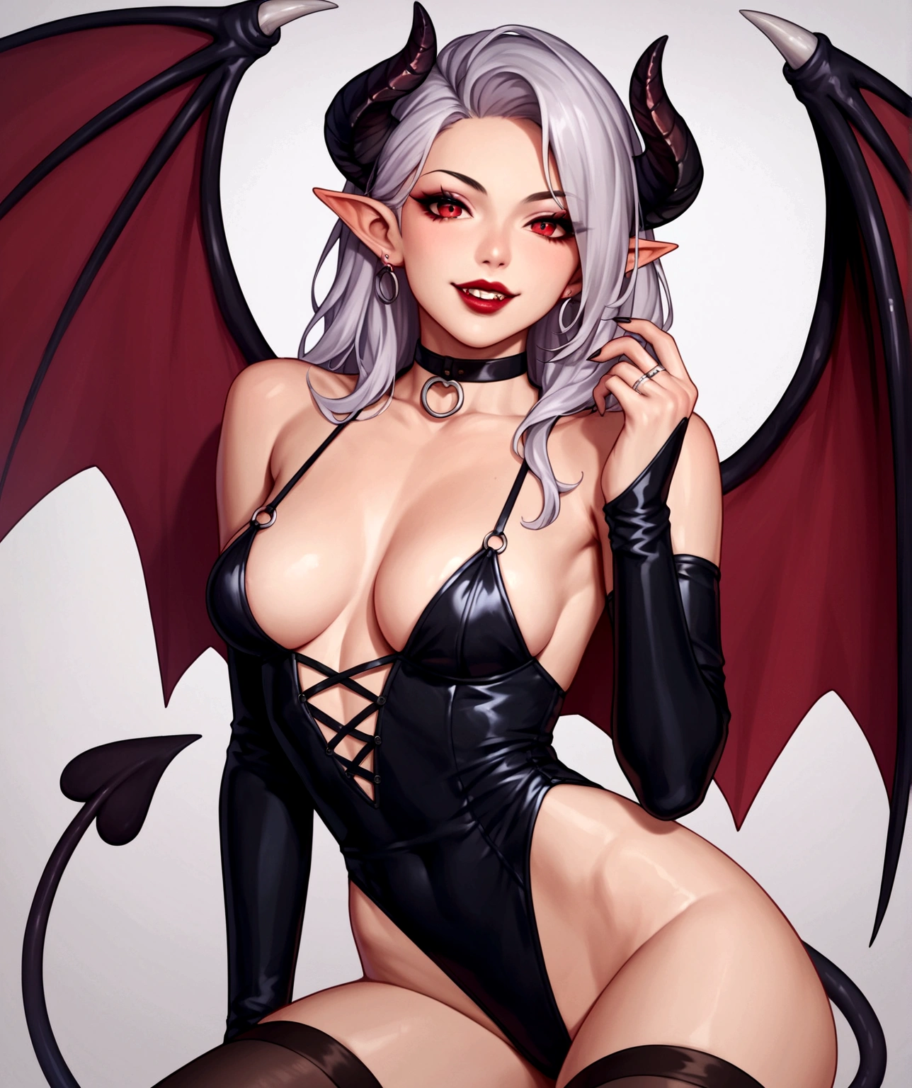 score_9, score_8_up, score_7_up, score_6_up, score_5_up, score_4_up, BREAK source_anime, 1girl in her mid twenties, 185 cm tall, succubus, pale, red lips, wings, black choker with silver ring, black nails, straight black hair, black horns, red eyes, pointed ears, slightly sharp teeth, black succubus tail, medium chest, stockings,
