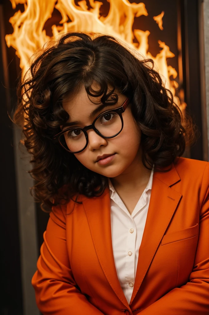 1 girl, white, medium and dark curly hair, with dark brown eyes and glasses, chubby girl, with an orange and red suit, and that his power is to control the fire