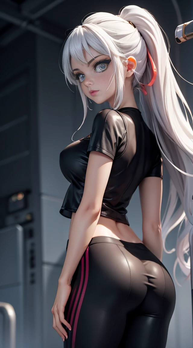 One girl, short t-shirt, skirt, leggings, eyes blue, big ass, perfect breast, slim, cute, sexy, very detailed, exquisite lighting and composition, , 8k, sharp, highly detailed, high resolution, looking back