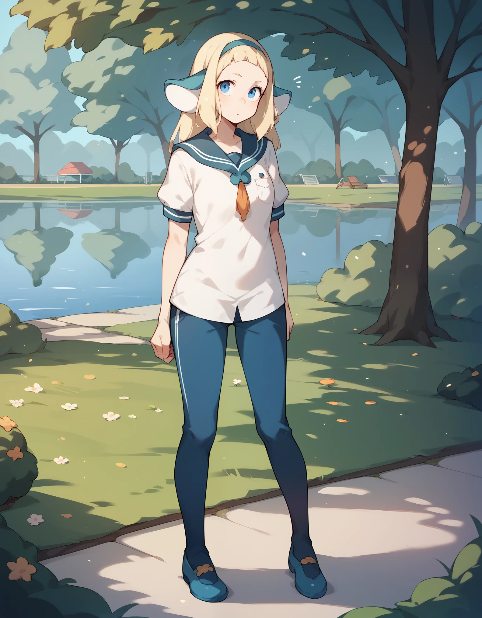 zPDXL,  1girl, bakara jurgen, blonde hair, blue eyes, mouse ears, hairband, uniform, full body, park background, river, in the morning lights