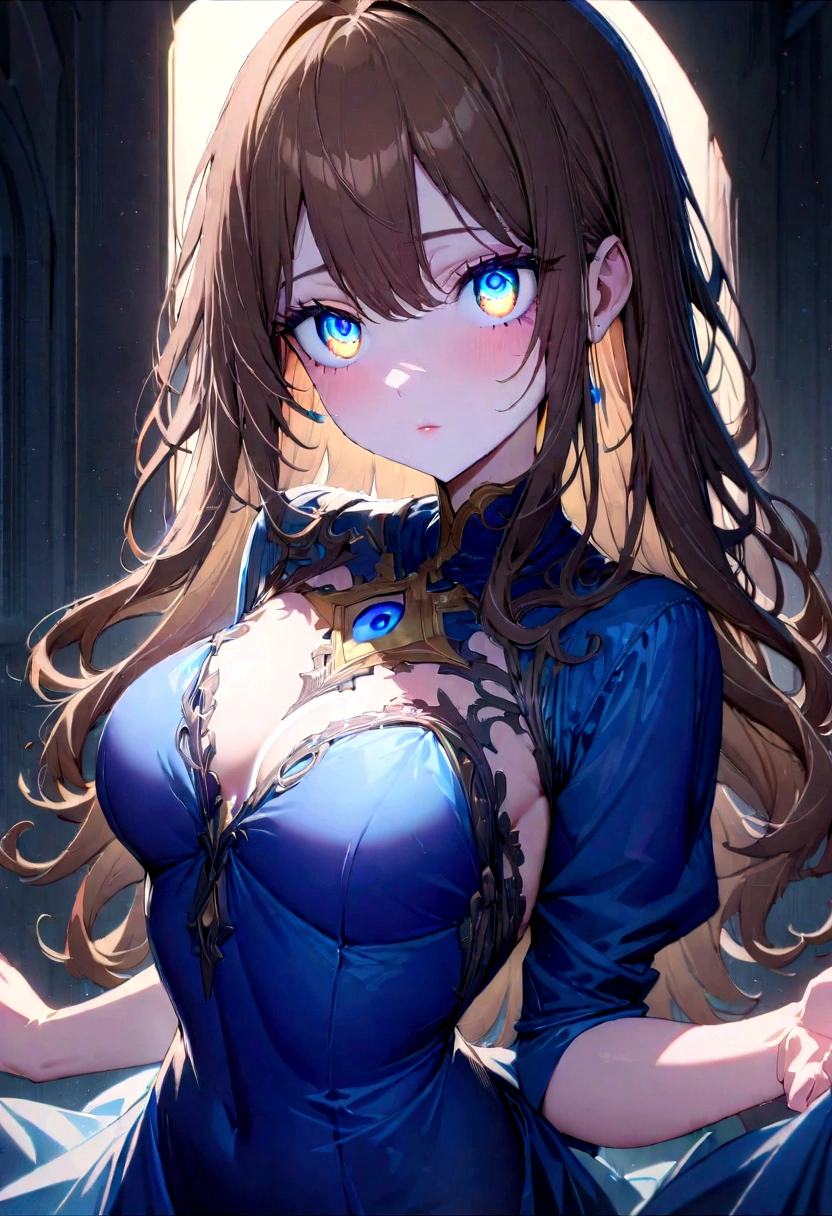 Sexy anime woman with brown hair. blue eyes. blue eye shadow. blue painted lips. blue dress.(Masterpiece:1.2), Best Quality, high resolution, unity wallpaper 8k, (illustration:0.8), (Beautiful detailed eyes:1.6), extremely detailed face, perfect lighting, Extremely detailed CG, (perfect hands, perfect anatomy),