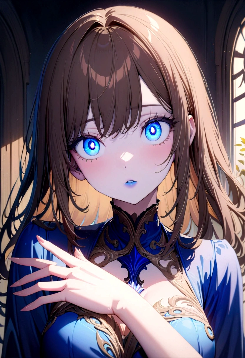 Sexy anime woman with brown hair. blue eyes. blue eye shadow. blue painted lips. blue dress.(Masterpiece:1.2), Best Quality, high resolution, unity wallpaper 8k, (illustration:0.8), (Beautiful detailed eyes:1.6), extremely detailed face, perfect lighting, Extremely detailed CG, (perfect hands, perfect anatomy),