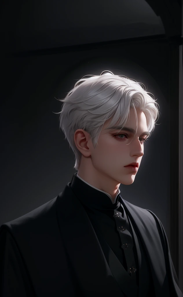 (masterpiece,best quality,ultra_detailed,highres,absurdres),1man, male focus, solo, white hair, priest, simple church dark background, blind eyes, upper body, vest, white hair, looking at viewer, parted lips, priest clothes, black clothes, (looking away:1.2)