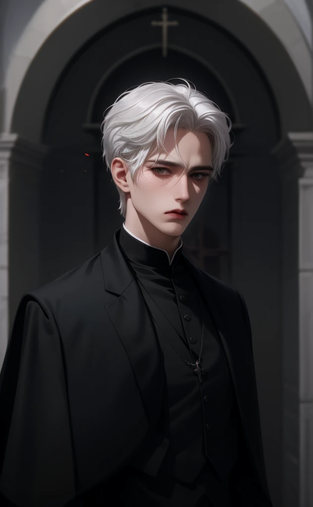 (masterpiece,best quality,ultra_detailed,highres,absurdres),1man, male focus, solo, white hair, priest, simple church dark background, blind eyes, upper body, vest, white hair, looking at viewer, parted lips, priest clothes, black clothes, (looking away:1.2)