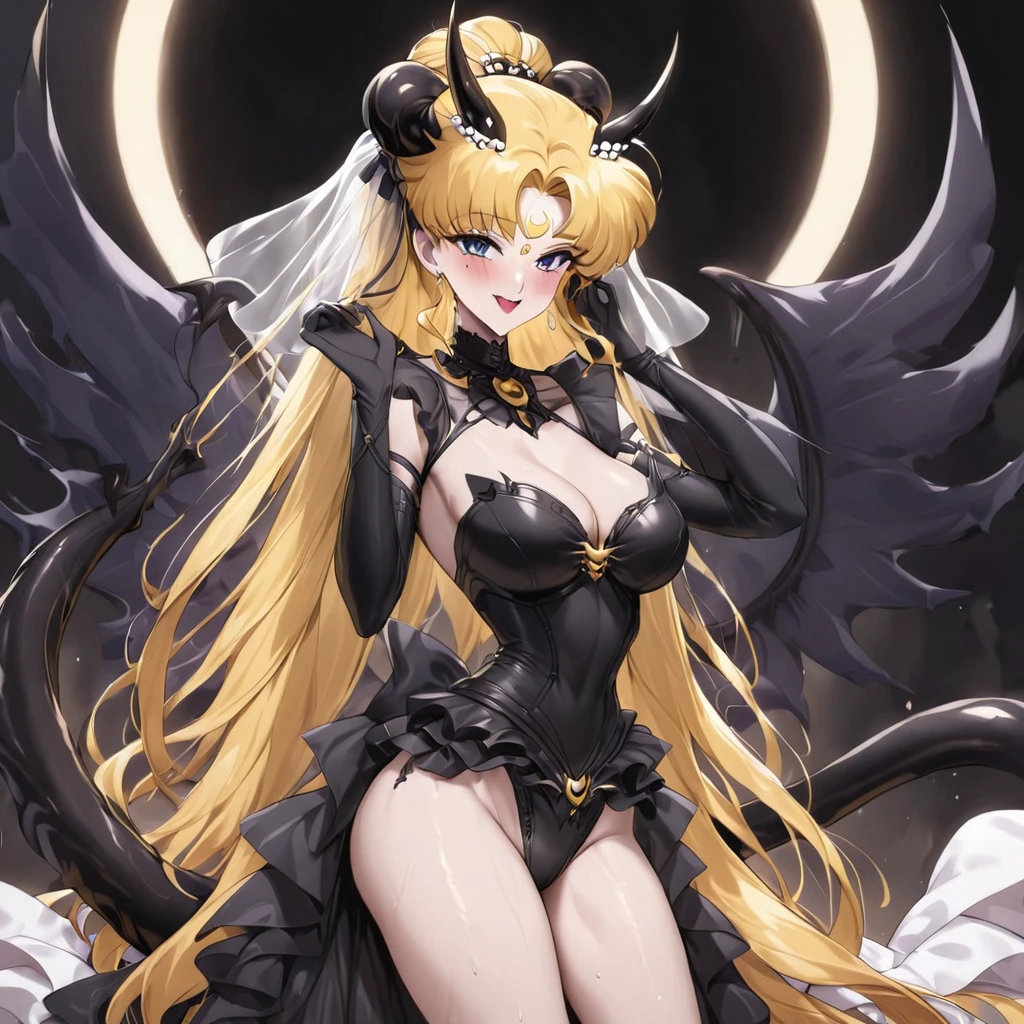 ((Highest quality)), ((masterpiece)), (detailed), （Perfect Face）、The woman is the demon queen Princess Serenity having sex with the demon king, and the woman is the jet black, sexy demon princess Serenity、The woman is a jet-black female demon with magnificent devil horns, jet-black devil wings, and a jet-black tail. Her skin is jet-black, she has a black moon mark on her forehead, she is a devil bride wearing a black gorgeous Gothic Victorian wedding dress and a black wedding veil, she is the jet-black demon Princess Serenity, and she has blonde hair with a happy expression as she looks at the camera.２The expression of a girl in love with her long hair tied up、She is Princess Serenity、Punishment pose on behalf of the moon