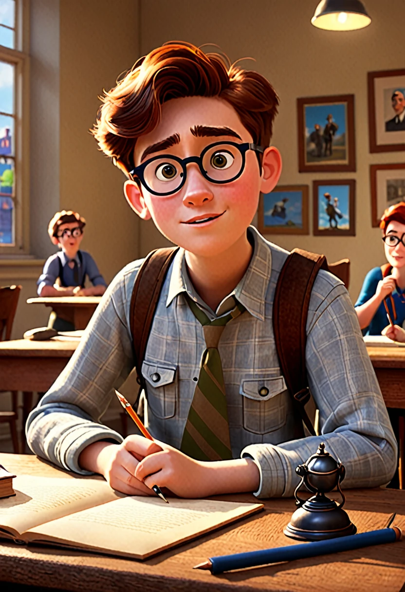 create a pixar-style scene of a young history student