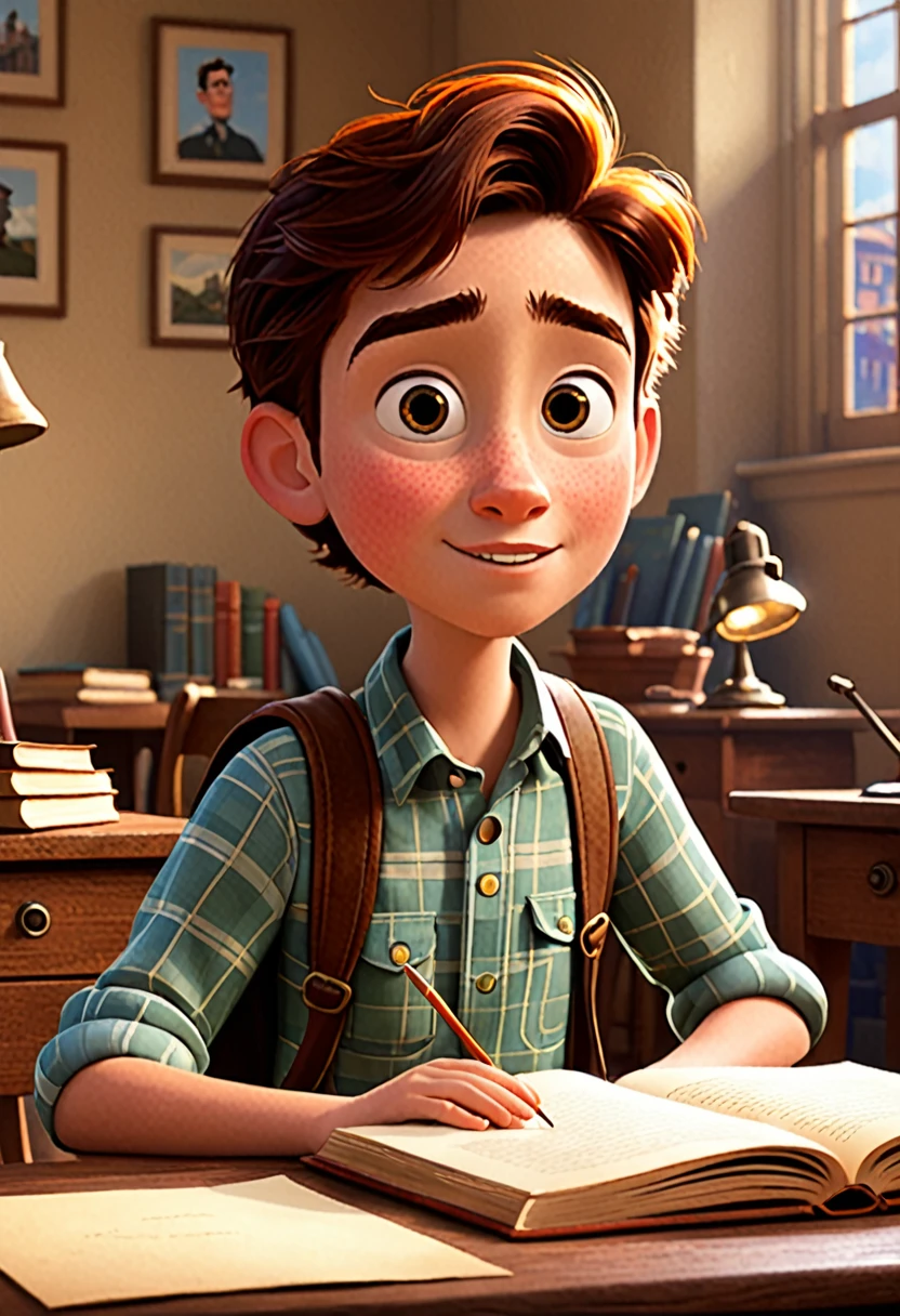 create a pixar-style scene of a young history student