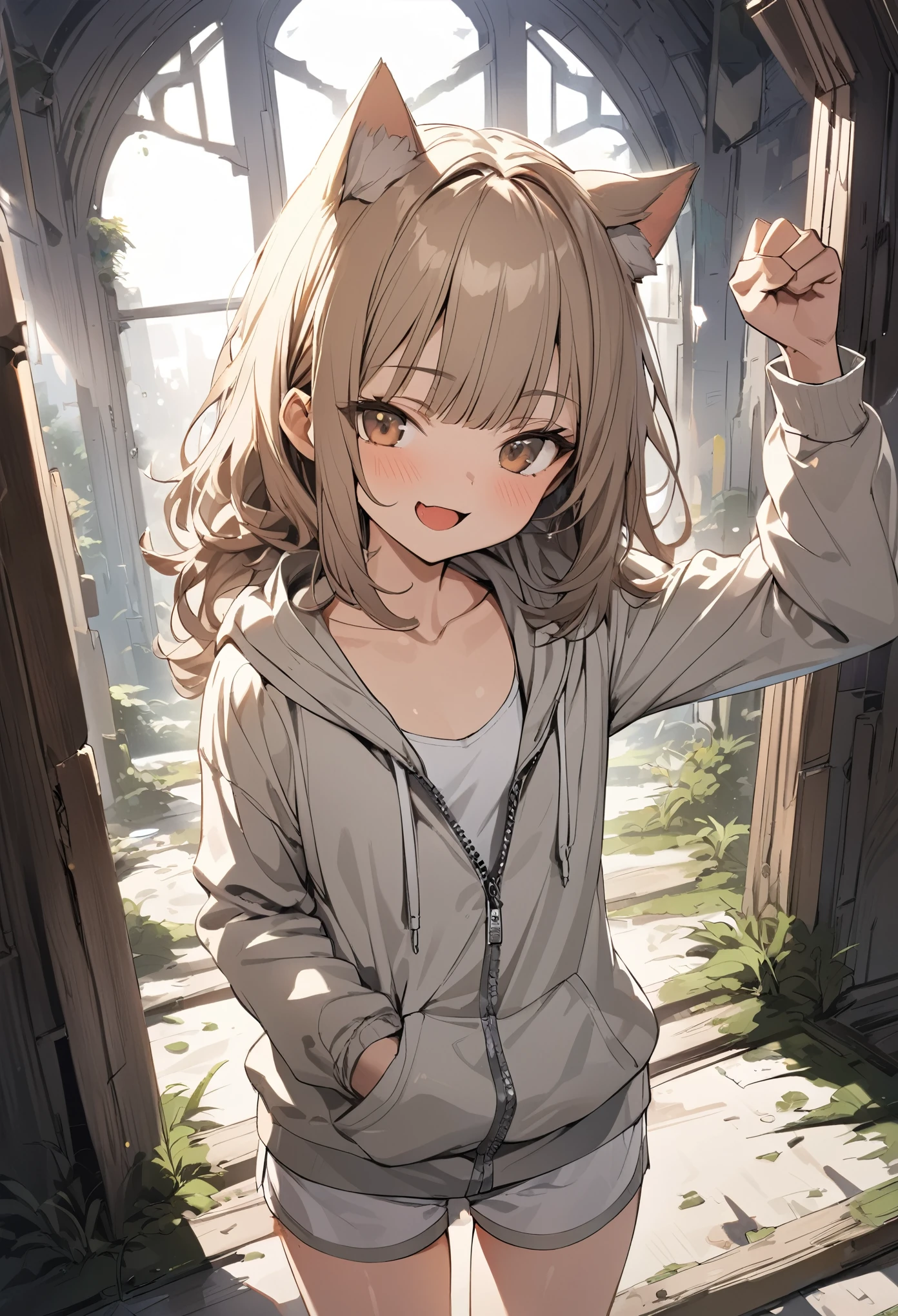 ((Masterpiece)), ((best quality)), (Anime:1.3), (super detail:1.2),(High Definition:1.3), (Professional Photography:1.2), (wide shot), (sharp focus), (perfect light), (()), (1girl), (morning), messy medium hair, Beautiful collarbone, (cute hoodie with zipper), cleavage, white tanktop, cute boxer shorts, (Healthy slim body), (loose blunt bangs), Slender body, glossy skin, (naughty smile), open mouth, ((Beautiful brown eyes)), Textured skin, (Cat ears), Pale brown hair, Cute Beautiful Girl, (slightly exposed small chest), BREAK, ((best quality)), Dynamic angles, ((raise fist)), (in the Mossy abandoned church), (sharp focus), perfect hands, (perfect light),