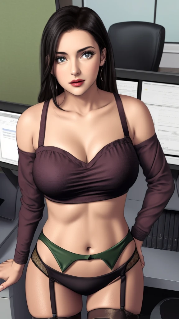 score_9, score_8_up, score_7_up, score_6_up, woman to the office, red bra and black sexy office outfits set, garter belt, big breasts, low-cut, sweater breasts.