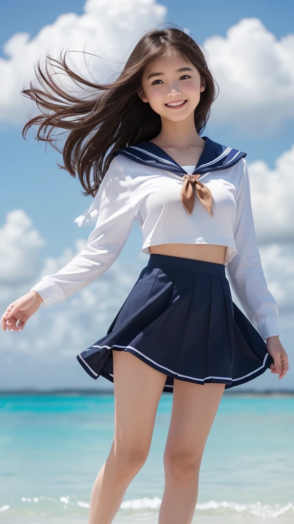 1girl,(((Okinawa ocean)))、(((White sand beaches in Okinawa)))、(((Just join your hands and pray)))、(((Mysterious look)))、8k UHD、Digital single-lens reflex camera、High resolution、Shallow depth of field、Natural light、(((Sailor suit)))、(((navy blue super mini skirt)))、(((A sparkling, charming smile)))、(((Full body photography)) )、Small person、(((Young face)))、1 Japanese female、12 years old;beautiful girl、(Black Hair)、A strong wind blows up my skirt、(((Brown eyes)))、Glowing Skin、Smooth Thinning Hair、Long Hair、Detailed background、Detailed eyes and face、Clear Eyes、Cute smile、Calm atmosphere、(((stage)))、(((Small breasts)))、(((Beautiful Eyes)))、Flat chest、Children、(((Toned thighs))) 、(((Angle from below) ))、(((Fine lips)))、(((Skirt fluttering)))、Shining beautiful legs、( Skirt fluttering violently in the strong wind :1.4),   (hair blowing in the strong wind:1.4), (leaning forward)、barefoot、barefoot、((((A skirt flipped up by a strong wind))))