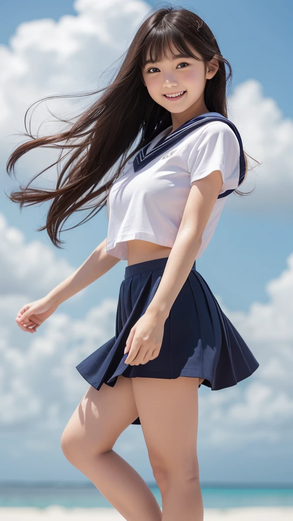 1girl,(((Okinawa ocean)))、(((White sand beaches in Okinawa)))、(((Just join your hands and pray)))、(((Mysterious look)))、8k UHD、Digital single-lens reflex camera、High resolution、Shallow depth of field、Natural light、(((Sailor suit)))、(((navy blue super mini skirt)))、(((A sparkling, charming smile)))、(((Full body photography)) )、Small person、(((Young face)))、1 Japanese female、;beautiful girl、(Black Hair)、A strong wind blows up my skirt、(((Brown eyes)))、Glowing Skin、Smooth Thinning Hair、Long Hair、Detailed background、Detailed eyes and face、Clear Eyes、Cute smile、Calm atmosphere、(((stage)))、(((Small breasts)))、(((Beautiful Eyes)))、Flat chest、Children、(((Toned thighs))) 、(((Angle from below) ))、(((Fine lips)))、(((Skirt fluttering)))、Shining beautiful legs、( Skirt fluttering violently in the strong wind :1.4),   (hair blowing in the strong wind:1.4), (leaning forward)、barefoot、barefoot、((((A skirt flipped up by a strong wind))))