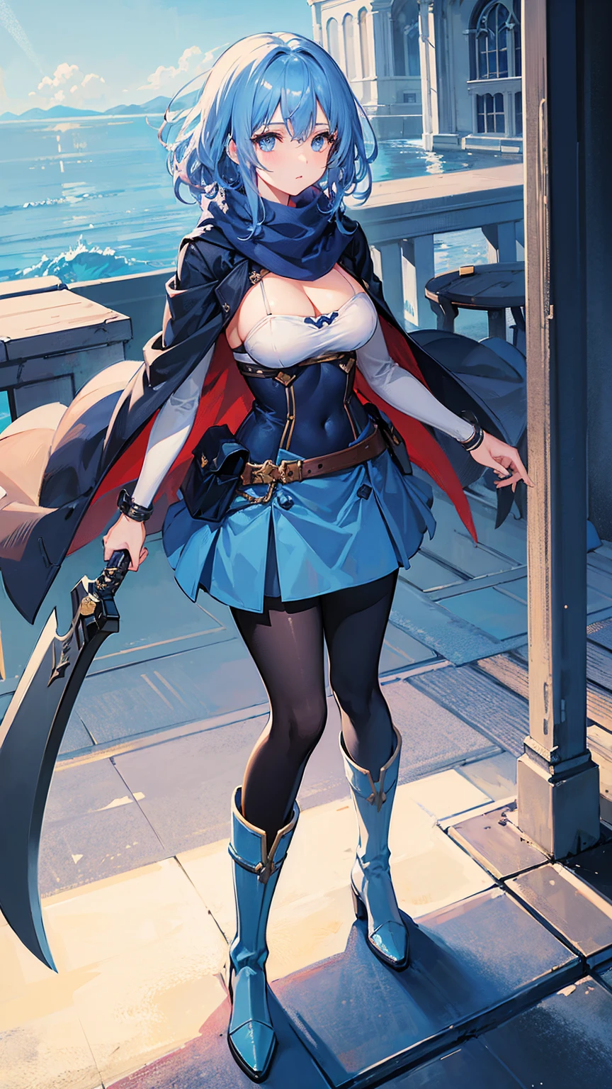 1girl,gripping big sword,blue hair, curly medium hair,light blue eyes, navy long Scarf,blue ,blue ,light blue Pantyhose,blue long boots,masterpiece, best quality, high quality 