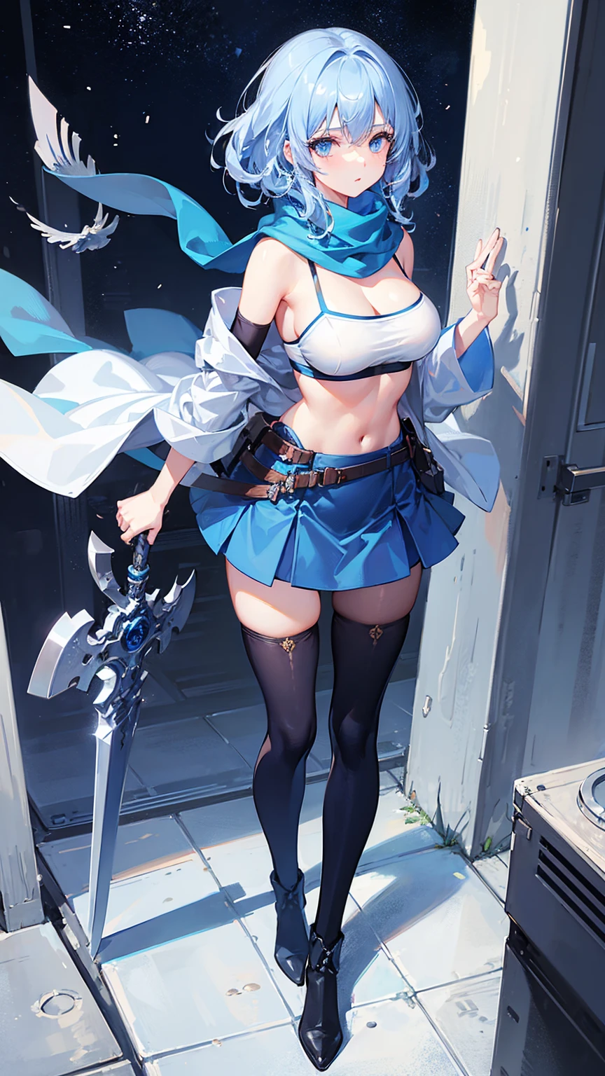 1girl,gripping big sword,blue hair, curly medium hair,light blue eyes, navy long Scarf,blue brassiere,blue miniskirt,light blue Pantyhose,blue long boots,masterpiece, best quality, high quality