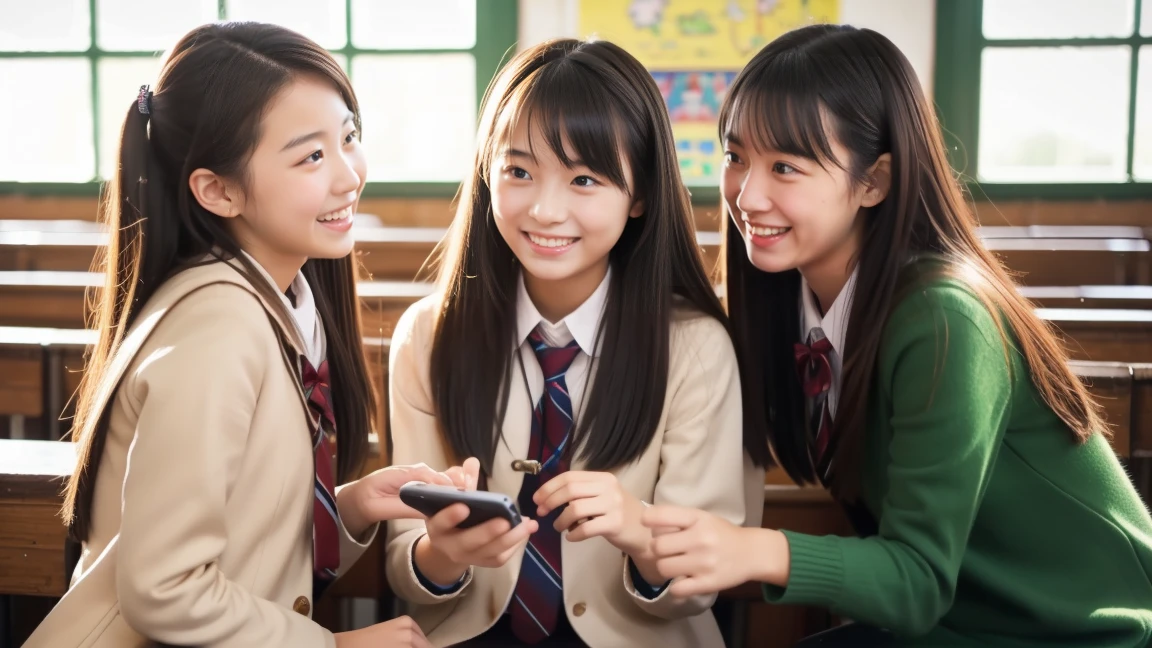 Three high school girls chatting in a classroom、Looks like a lot of fun、All three are cute、Fiddling with your iPhone