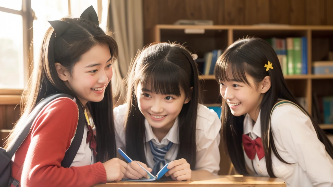 Three high school girls chatting in a classroom、Looks like a lot of fun、All three are cute、Fiddling with your iPhone