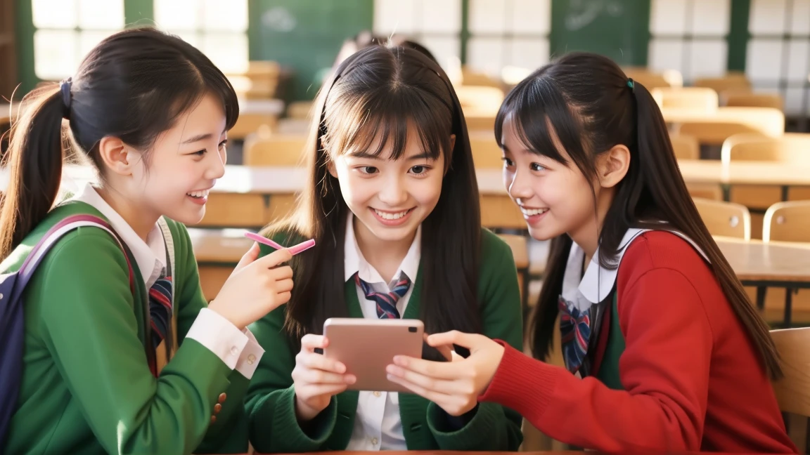 Three high school girls chatting in a classroom、Looks like a lot of fun、All three are cute、Fiddling with your iPhone