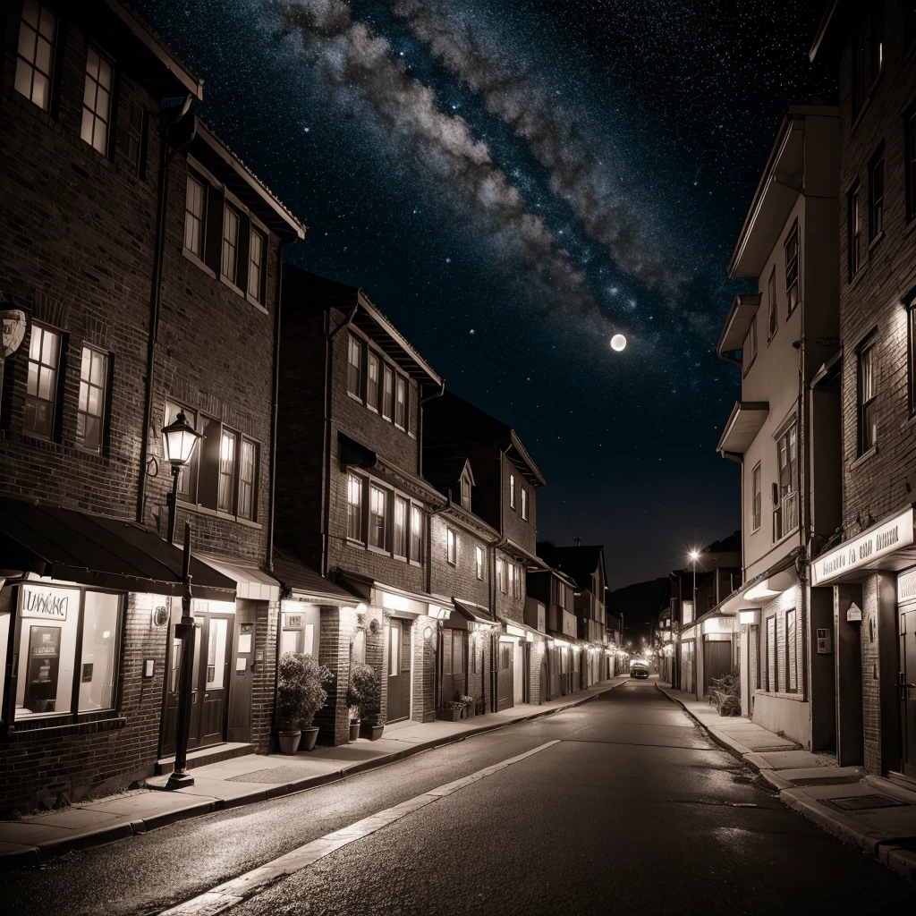 Generate image of the city of Brunkley. Street with parked cars, lamppost connected with yellow light, Starry sky at night, with a moon. Add a sepia filter for a desolate effect.