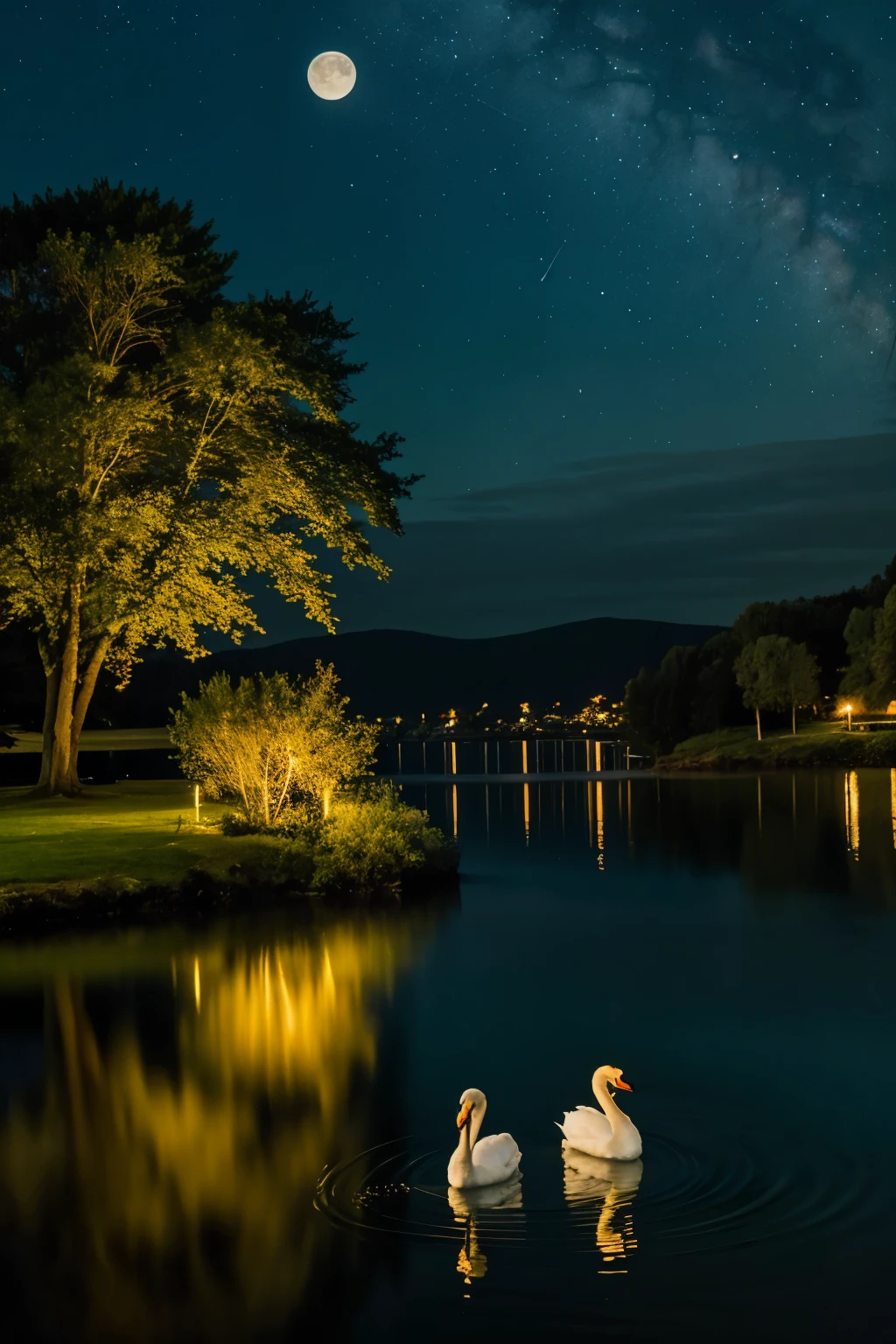 two swans on the lake, reflection of stars on the water, moon light ,bushes along the shore, fisherman on a boat
