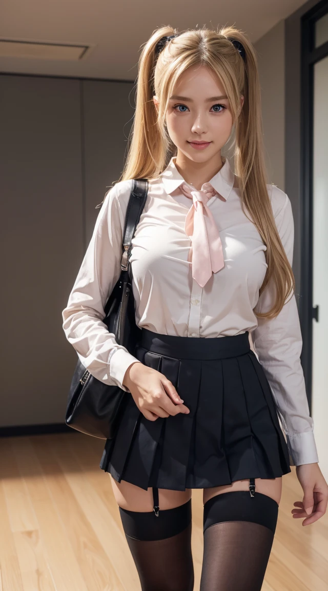 ((((nude)))), ((Garment Lift)),Airi Akizuki. oni chichi, masterpiece, Highest quality, Very detailed, figure, Flat Color, Depth of written boundary, , , 1 Girl, young, anime, Returning Home, full length, blonde, Twin tails, Looking at the audience, red pleated mini skirt, Wet white button-down shirt, , Seraphim, Blue tie, Very good, black tights, Small backpack, Fine leather texture, Detailed fabric texture, Beautifully detailed face, Big Breasts, blue eyes, tired, A light smile, Pink Panties