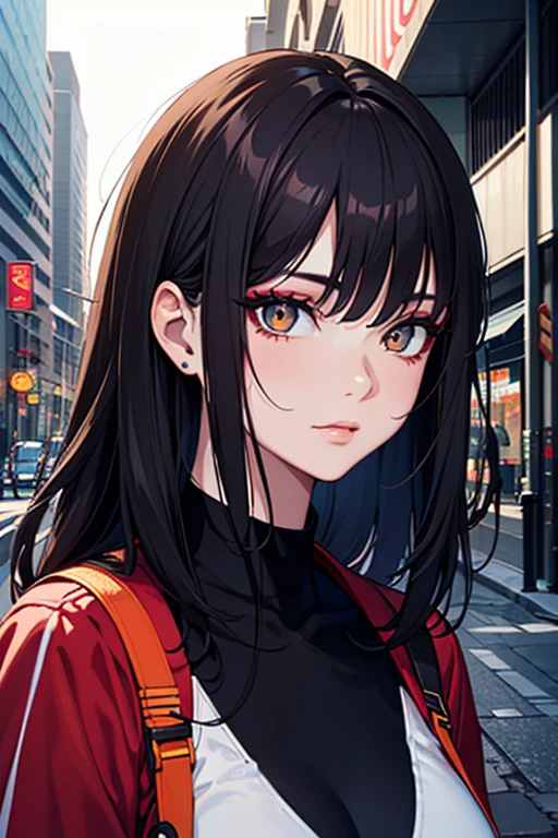beautiful girl, Half Body Portrait, Short, bright red, messy hair, Black Eyeshadow, (Street Style Wear:1.2), (Urban Background:1.2), Heavy makeup, Digital Art, Trending on Art Station, highly detailed, The finer details, Complex, beautiful detailed glow, detailed, Cinematic Light, High resolution, detailed facial features,Sharp focus, Smooth, beautiful,
