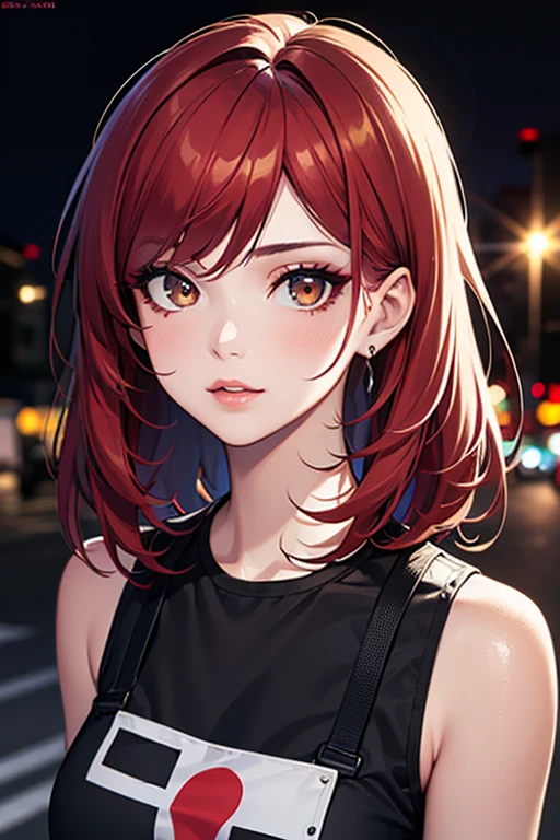 beautiful girl, Half Body Portrait, Short, bright red, messy hair, Black Eyeshadow, (Street Style Wear:1.2), (Urban Background:1.2), Heavy makeup, Digital Art, Trending on Art Station, highly detailed, The finer details, Complex,  beautiful detailed glow, detailed, Cinematic Light, High resolution, detailed facial features,Sharp focus, Smooth, beautiful,