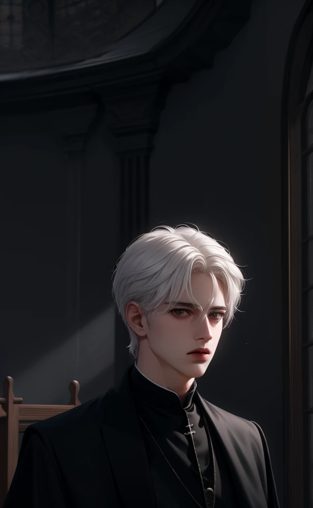 (masterpiece,best quality,ultra_detailed,highres,absurdres),1man, male focus, solo, white hair, priest, simple church dark background, blind eyes, upper body, vest, white hair, looking at viewer, parted lips, priest clothes, black clothes, middle age, (looking away:1.2)
