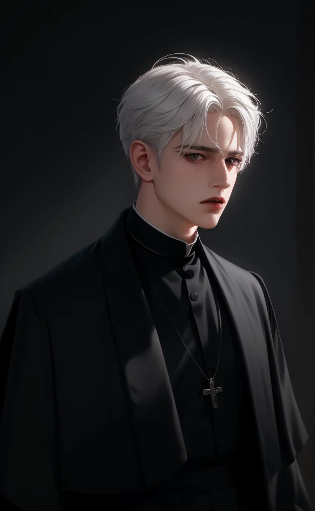 (masterpiece,best quality,ultra_detailed,highres,absurdres),1man, male focus, solo, white hair, priest, simple church dark background, blind eyes, upper body, vest, white hair, looking at viewer, parted lips, priest clothes, black clothes, middle age, (looking away:1.2)