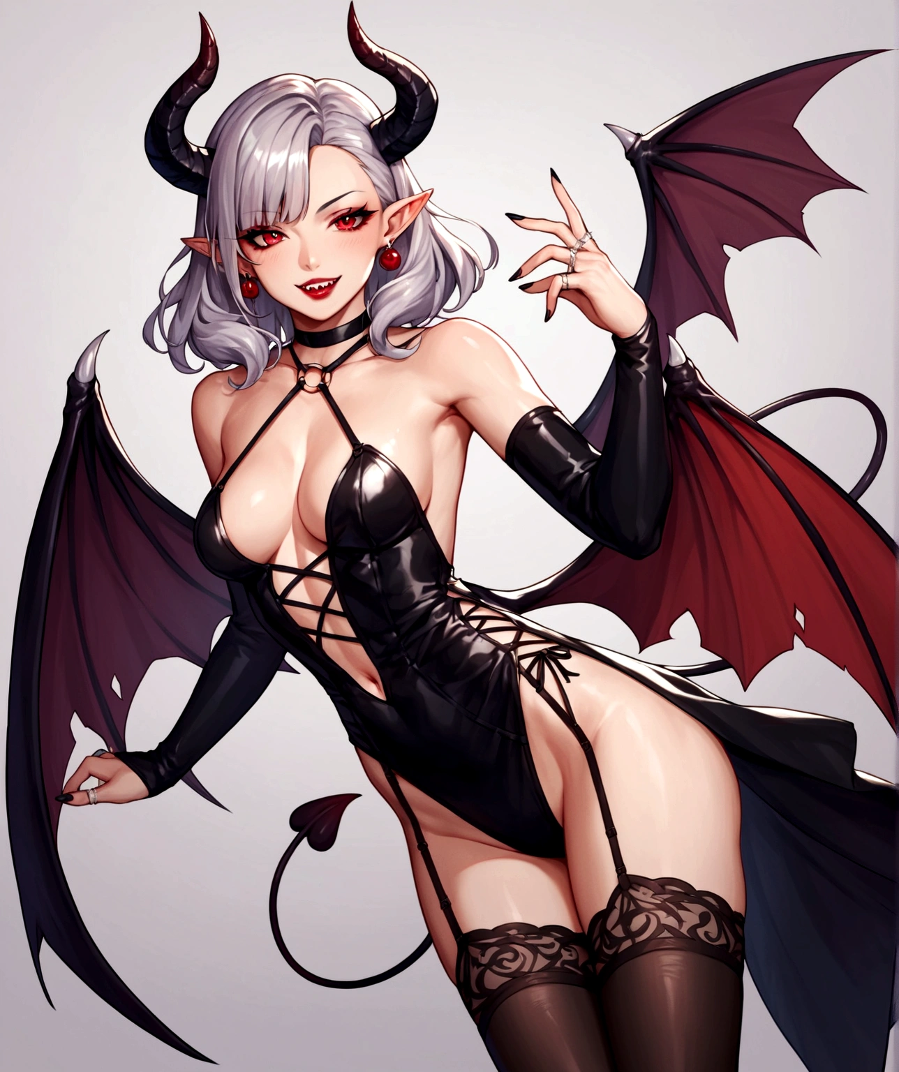 score_9, score_8_up, score_7_up, score_6_up, score_5_up, score_4_up, BREAK source_anime, 1girl in her mid twenties, 185 cm tall, succubus, pale, red lips, wings, black choker with silver ring, black nails, straight black hair, black horns, red eyes, pointed ears, slightly sharp teeth, black succubus tail, medium chest, stockings,