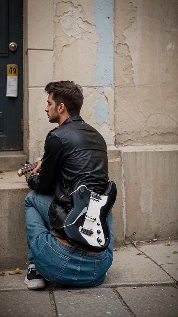 A guy playing guitar sits on the street with his back against the wall, there are paintings "disappointed" on the ground