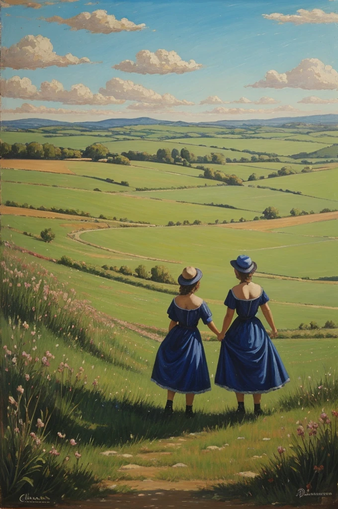 Peinture deux filles de dos dans un champs
