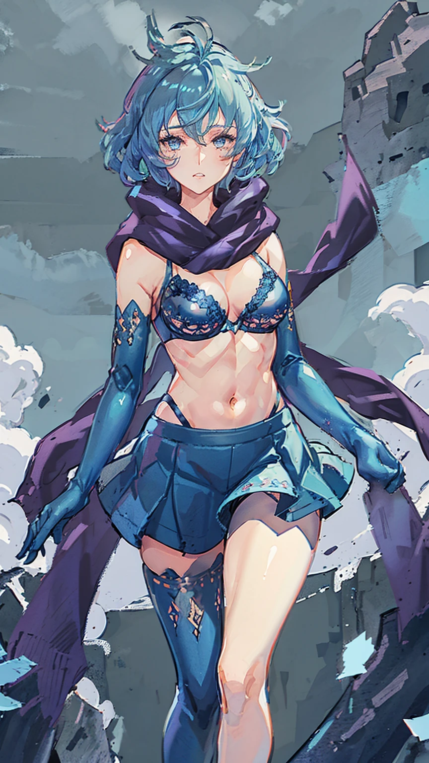 1girl,gripping Midjourney,blue hair, curly medium hair,light blue eyes, navy long Scarf,blue brassiere,blue miniskirt,light blue Pantyhose,blue long boots,masterpiece, best quality, high quality