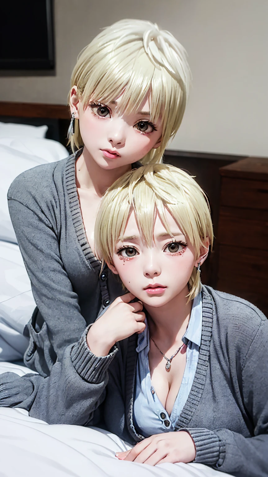 best quality, (2heads:1.5), 2 girls with two heads , blonde, (different hair colors:1.4), bobcut, ponytail,(different hairstyles:1.3) ,smiling, big t-shirt, (closeup), looking at viewer