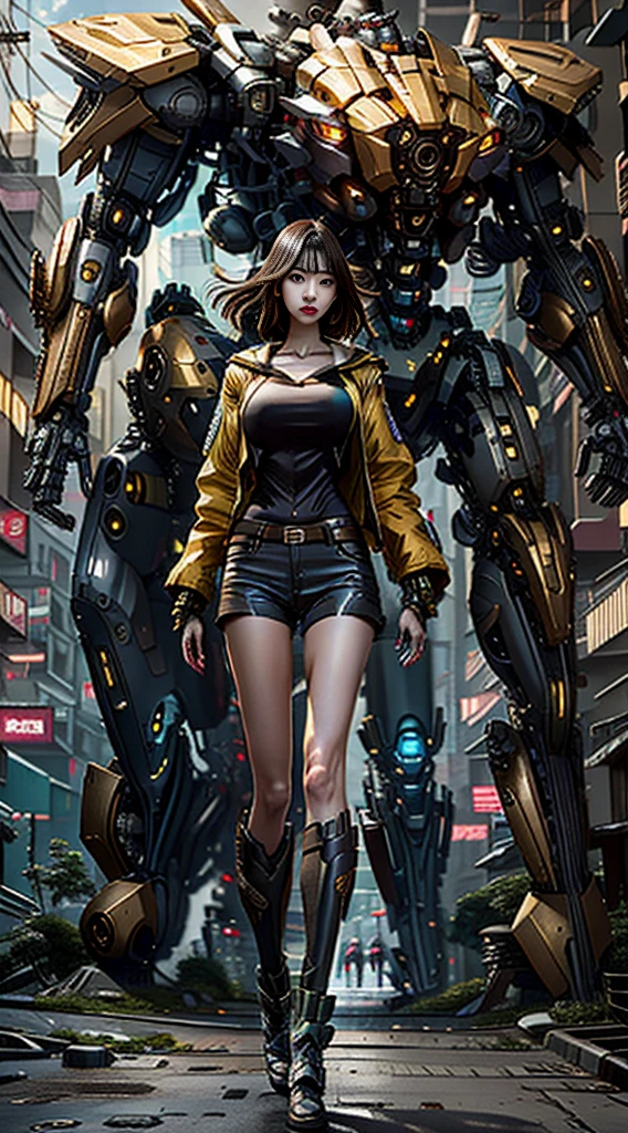 Boutique,best quality,Gold jewelry,(slip out feet),Fairy skin,(Fidelity :1.2),Standing,Super Detailed,realistic,High quality,Movie Light,Ray tracking,Ultra HD,Upper body
Girl in shorts and jacket standing next to giant robot, Guweiz style artwork, CyberPunk mech, Trends on CGSTATION, Guweiz, Russell Dongjun Lu, digital cyberpunk anime art, Ross Tran 8 K, Guweiz on ArtStation Pixiv, Girl in mecha network armor