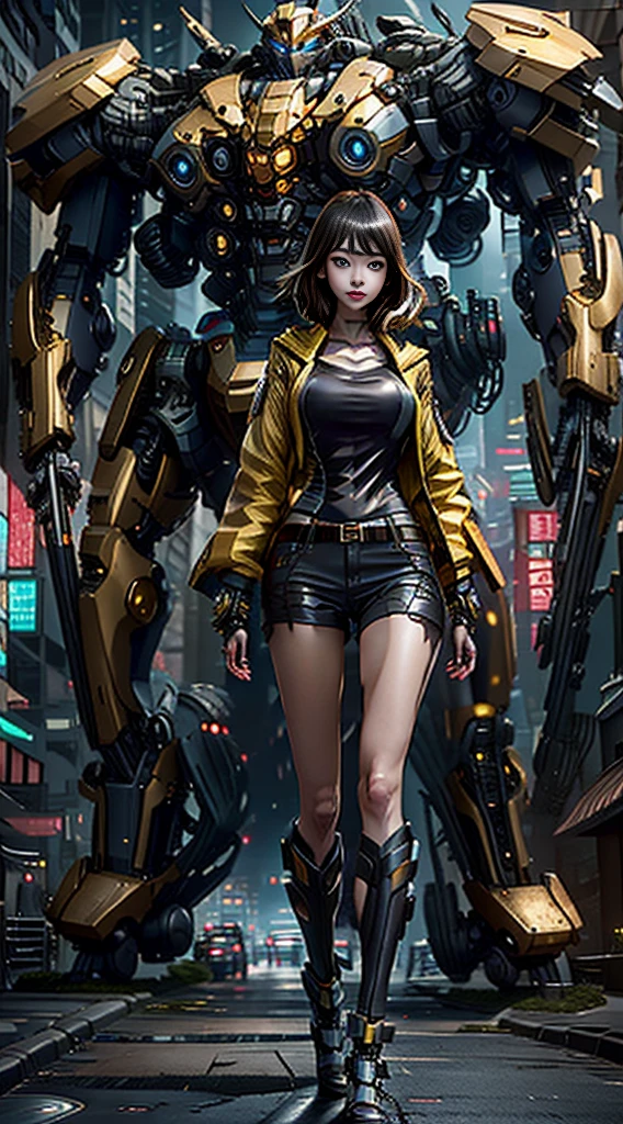 Boutique,best quality,Gold jewelry,(slip out feet),Fairy skin,(Fidelity :1.2),Standing,Super Detailed,realistic,High quality,Movie Light,Ray tracking,Ultra HD,Upper body
Girl in shorts and jacket standing next to giant robot, Guweiz style artwork, CyberPunk mech, Trends on CGSTATION, Guweiz, Russell Dongjun Lu, digital cyberpunk anime art, Ross Tran 8 K, Guweiz on ArtStation Pixiv, Girl in mecha network armor