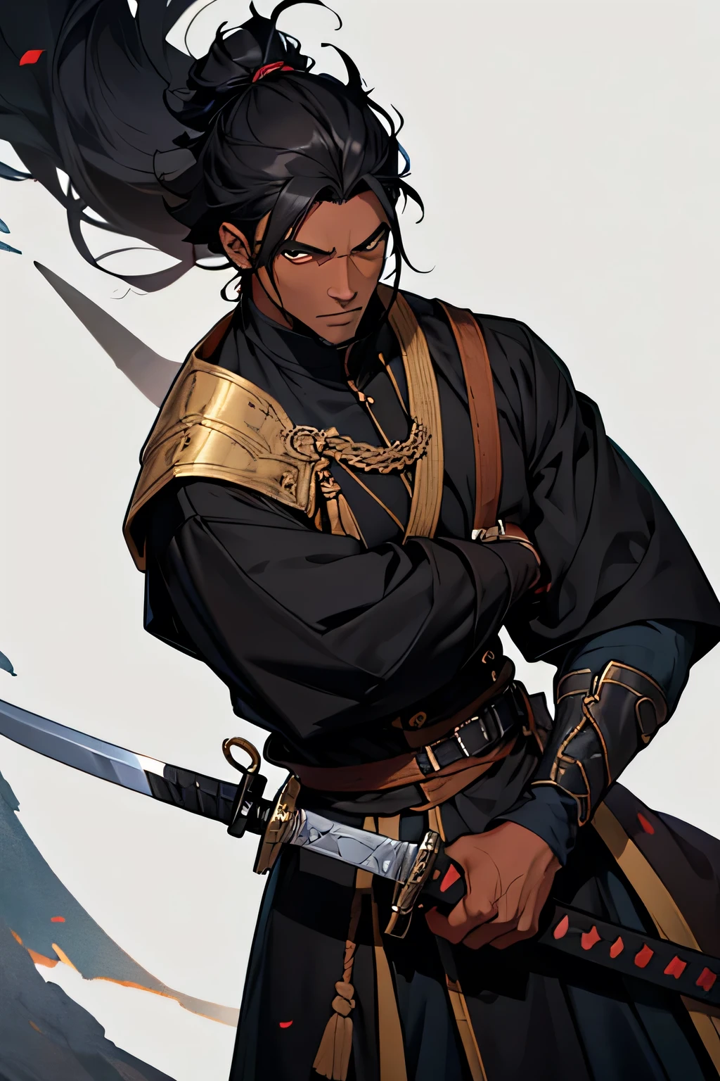 black man 1,82 tall a little strong, Bblack hair, like a scar on the eye, dressed like a swordsman