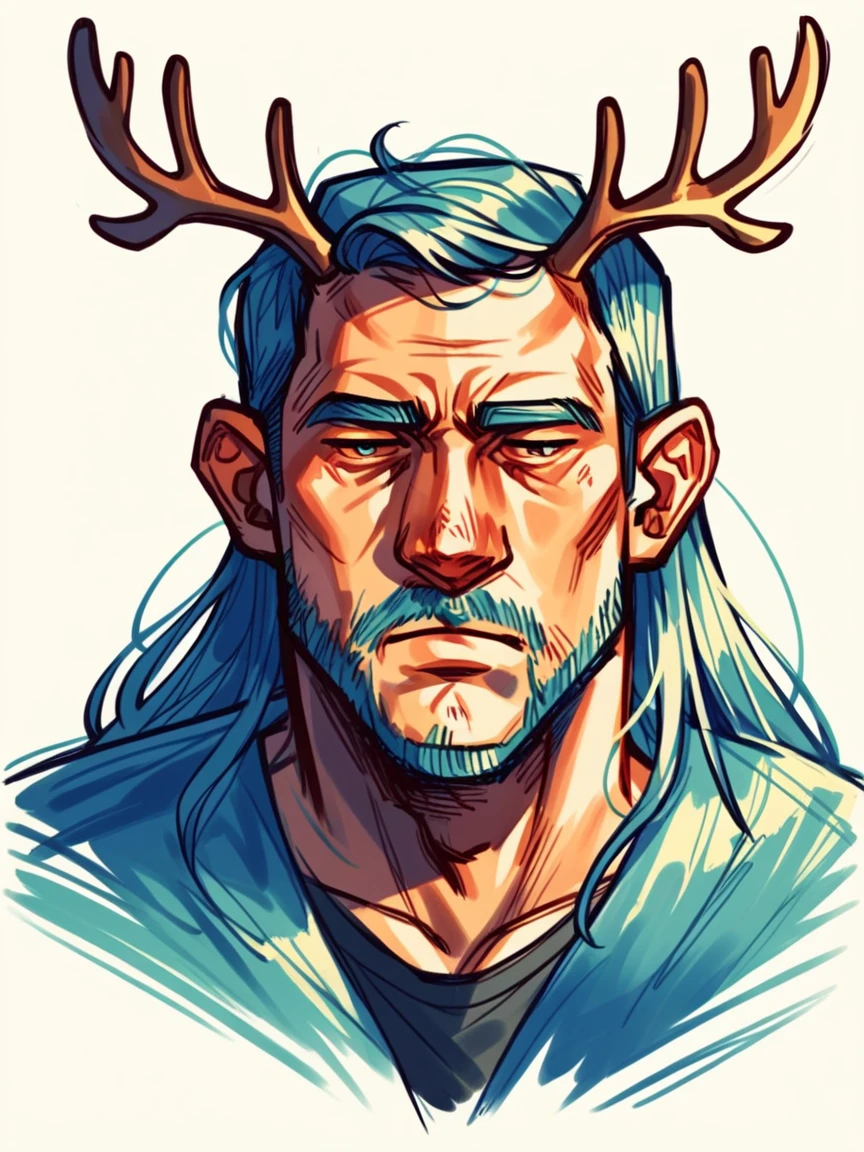 score_9, score_8_up, score_7_up, score_6_up, score_5_up, score_4_up, c0l0ursk3tch, sketch, man, long hair, (facial hair:0.5), antlers