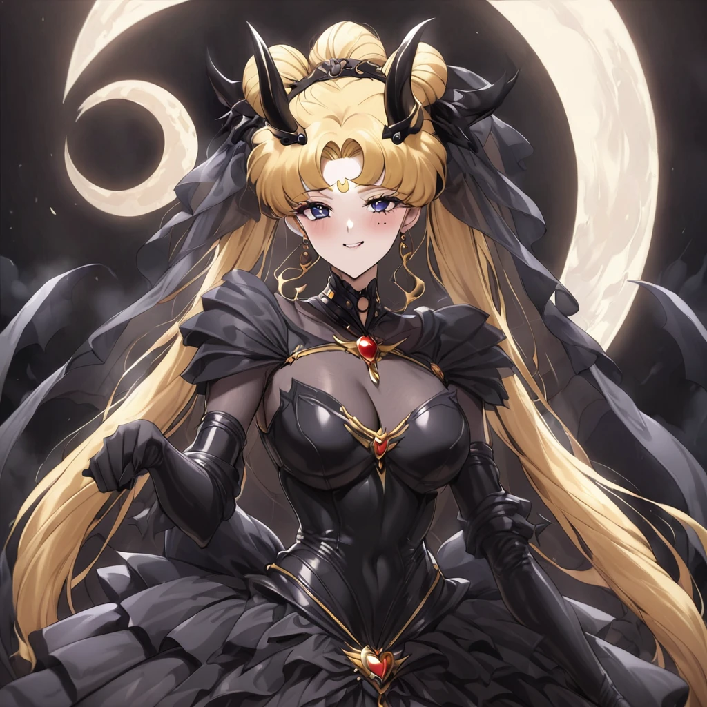 ((Highest quality)), ((masterpiece)), (detailed), (Perfect Face)、The woman is the demon queen Princess Serenity having sex with the demon king, and the woman is the jet black, sexy demon princess Serenity、The woman is a jet-black female demon with magnificent devil horns, jet-black devil wings, and a jet-black tail. Her skin is jet-black, she has a black moon mark on her forehead, she is a devil bride wearing a black gorgeous Gothic Victorian wedding dress and a black wedding veil, she is the jet-black demon Princess Serenity, and she has blonde hair with a happy expression as she looks at the camera.2The expression of a girl in love with her long hair tied up、She is Princess Serenity、Punishment pose on behalf of the moon
